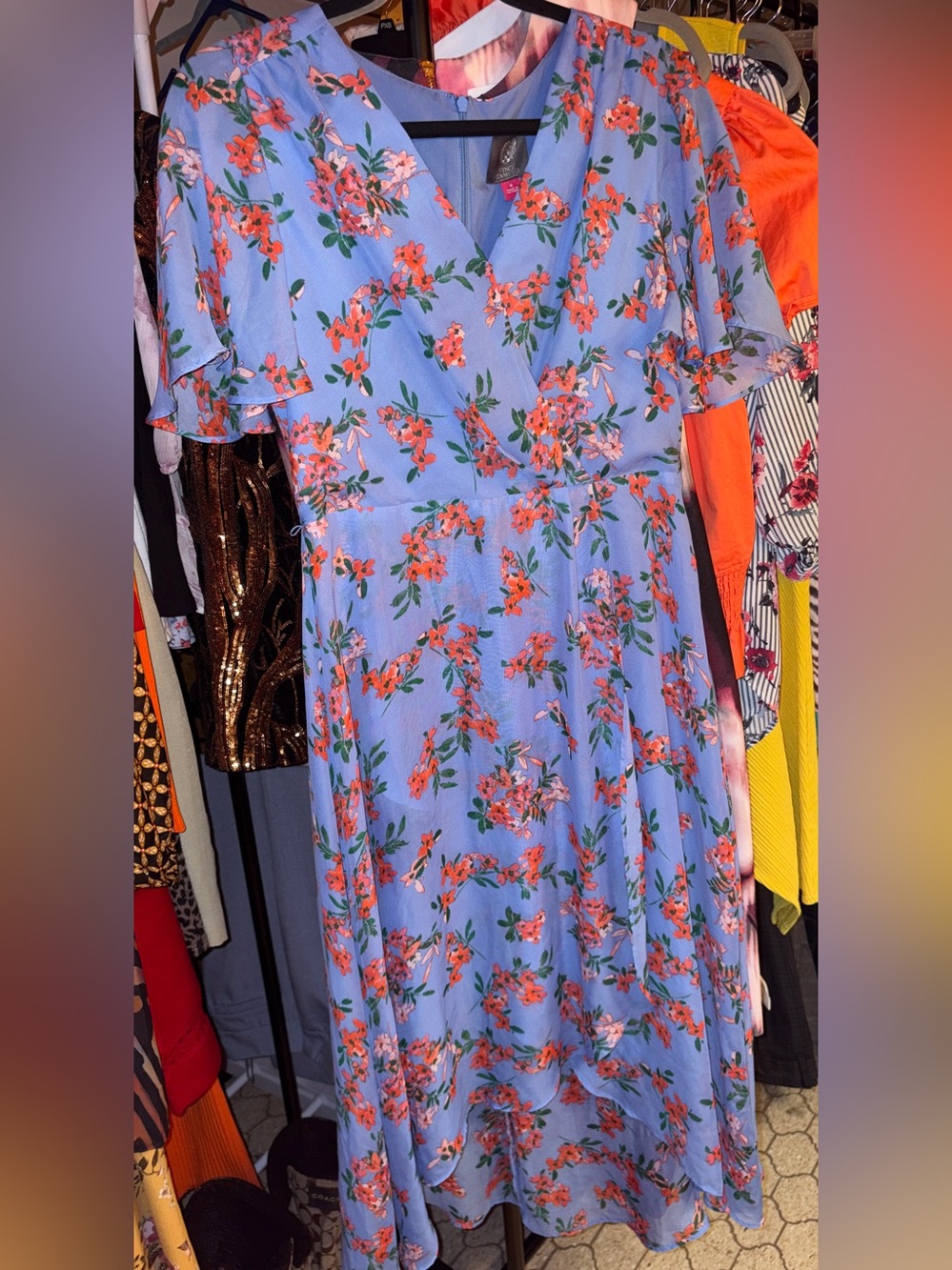 Vince Camuto Periwinkle Blue with Coral Floral High-Low Wrap Midi Dress